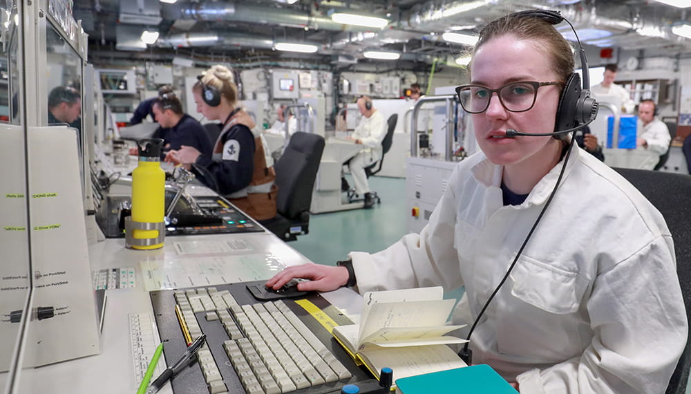 Junior marine engineering officer in head quarters during a stage 21 exercise. HMS Queen Elizabeth's first operational sea training. 