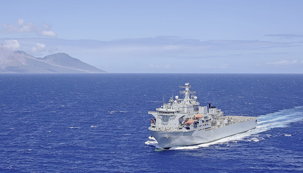 Royal Fleet Auxiliary (RFA) Argus off the Island of Monserrat. British military conduct humanitarian assistance and disaster relief exercise in Monserrat. 