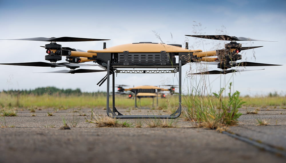 Close up shot of a Malloy drone hovering close to the ground