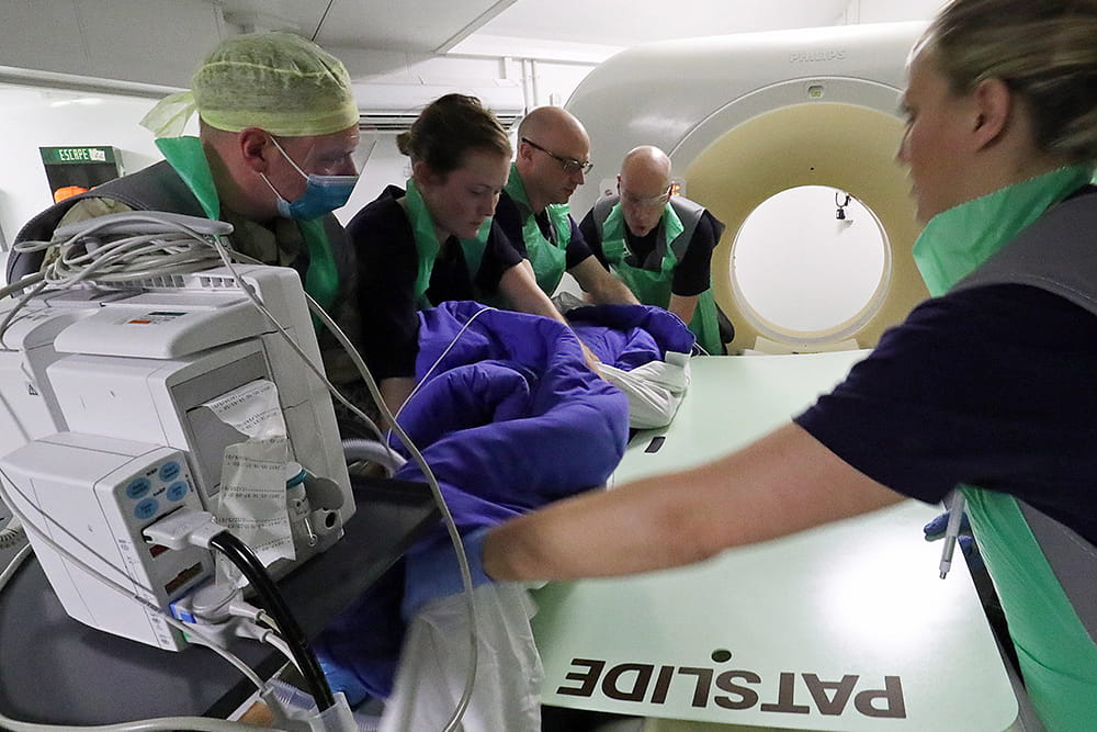 Royal Marines Band Service members carry out training in a medical facility onboard RFA Argus