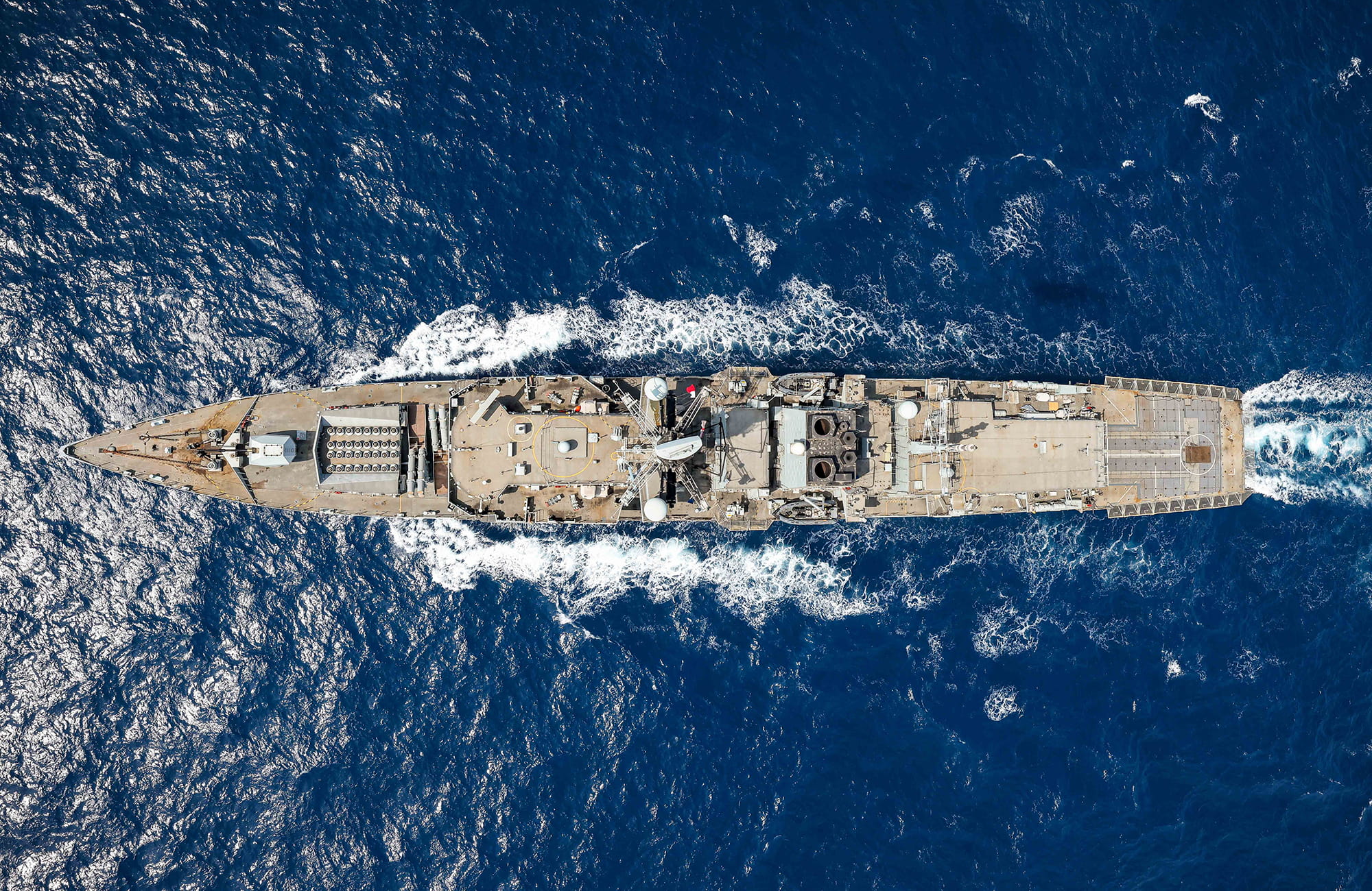 HMS Lancaster at sea, viewed from directly above