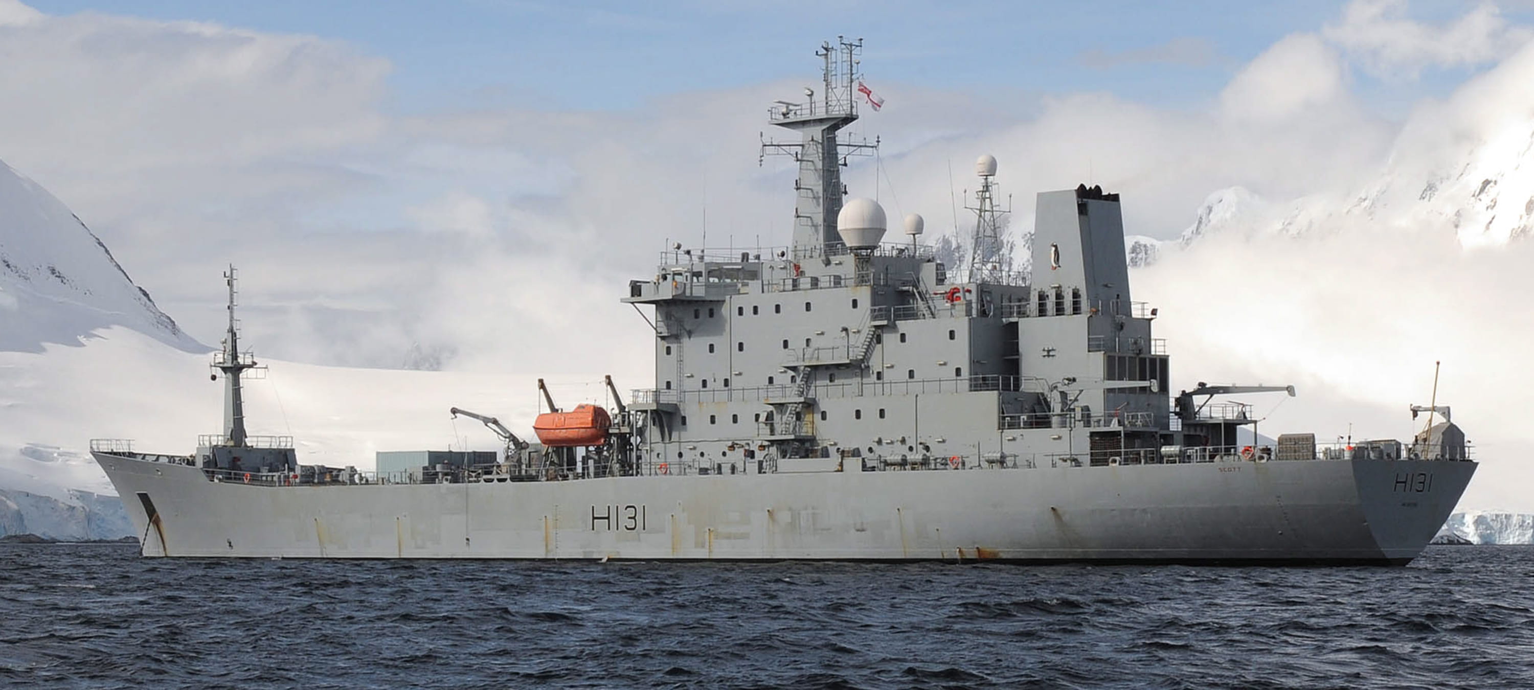 Royal Navy ship, HMS Scott at sea in Antarctica