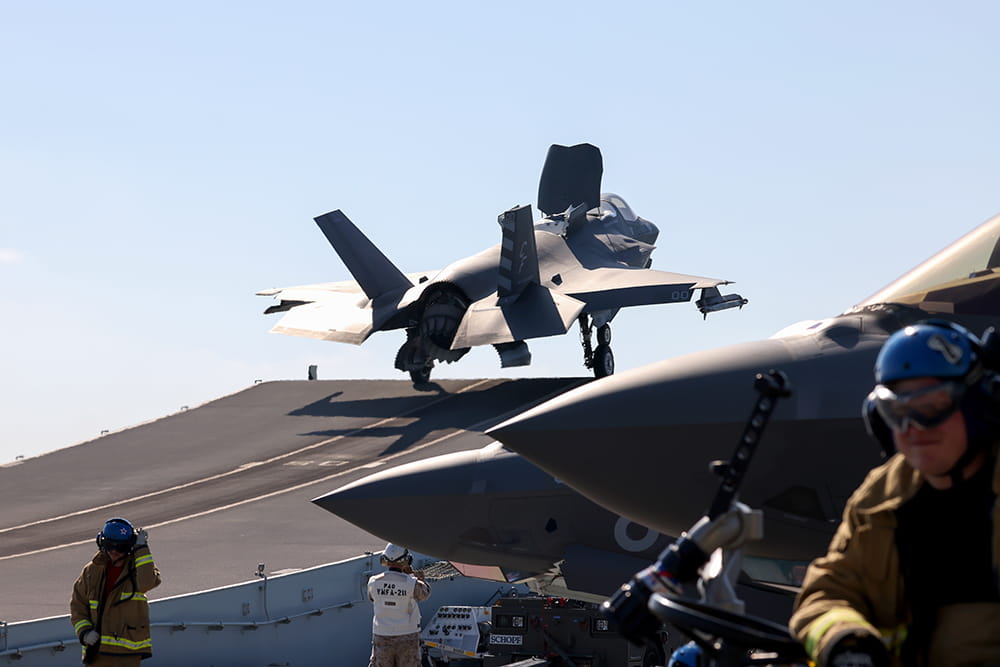 F35 Lightning jet launches from an aircraft carrier