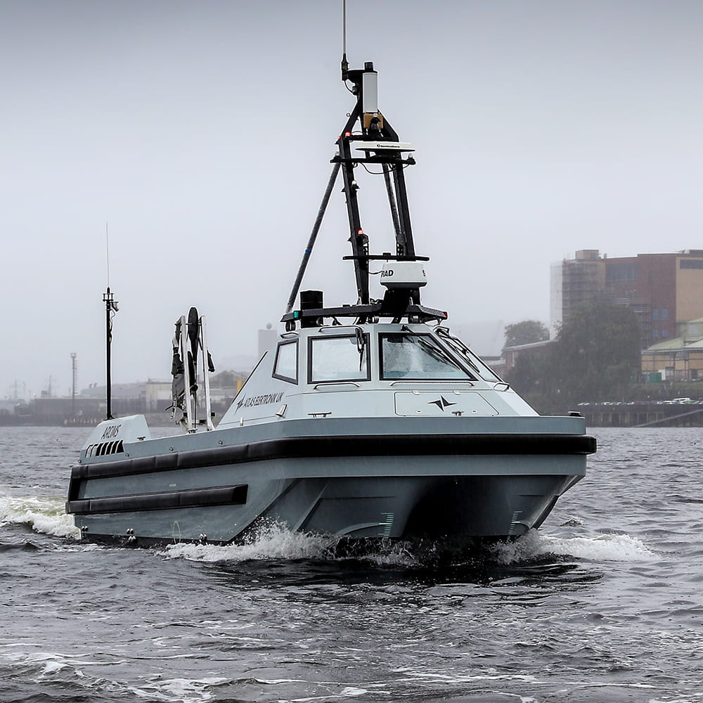 A Royal Navy experimental autonomous mine countermeasure boat 
