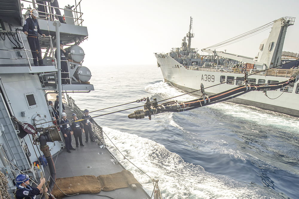 HMS Kent takes part in a replenishment at sea with RFA Wave Knight in the Gulf region