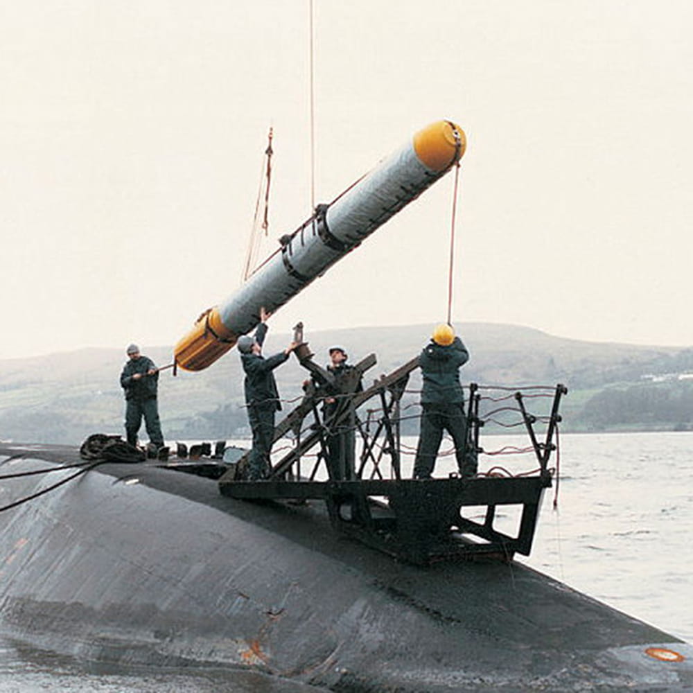 Spearfish torpedo being loaded into a Royal Navy submarine