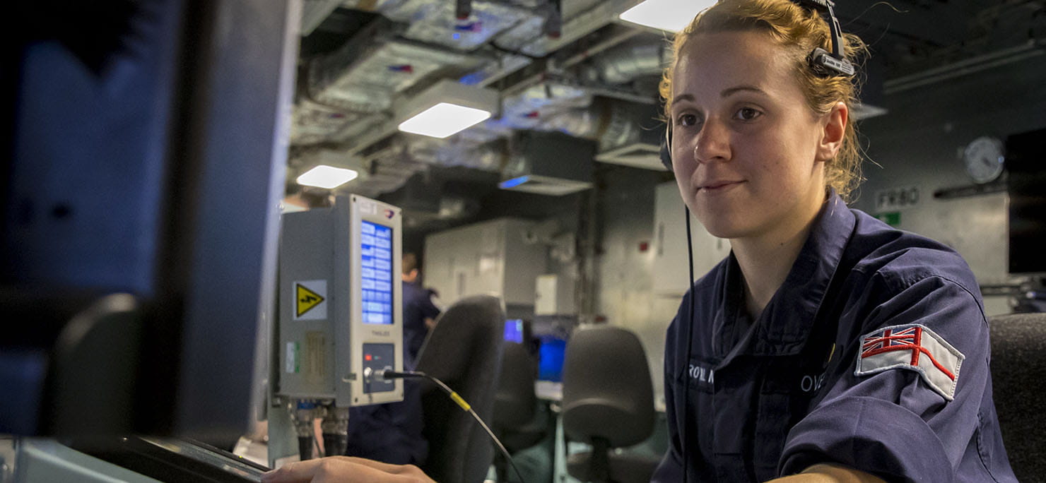 SLT Abbey Ovens a young officer under training. HMS Queen Elizabeth Warfare Department carry out Air Defence Training (ADEX).
