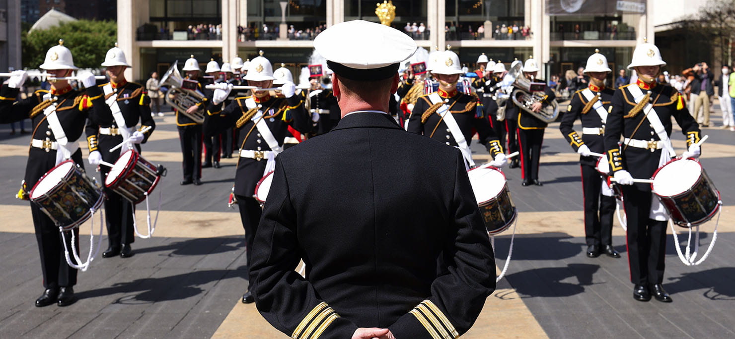 The Royal Marine Band Service performing to the crowd outside the Lincoln Centre for the Performing Arts