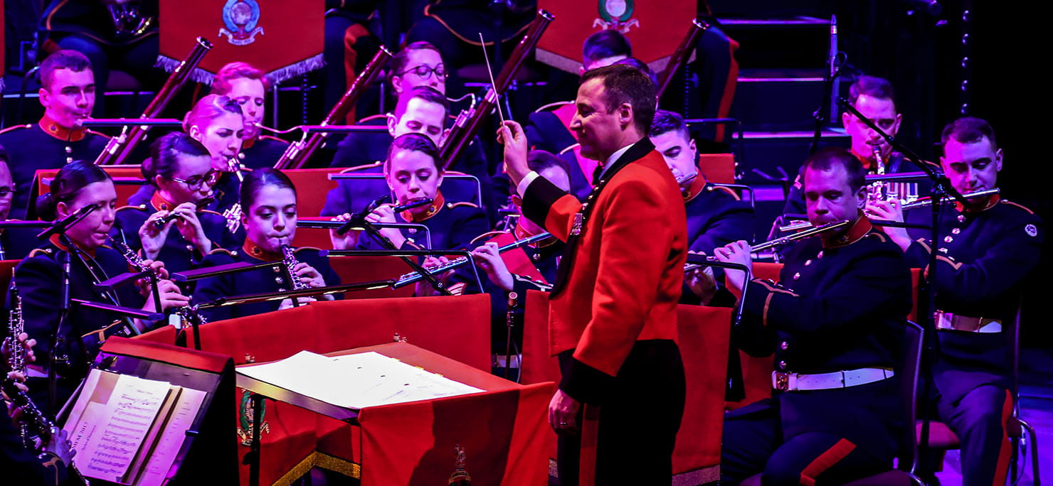 The Royal Marines Band performing at the Royal Albert Hall for the Mountbatten Festival of Music in London