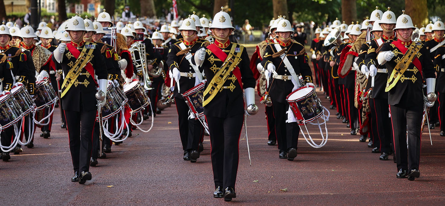 The Massed Bands of Her Majesty's Royal Marines march up to Horse Guards parade