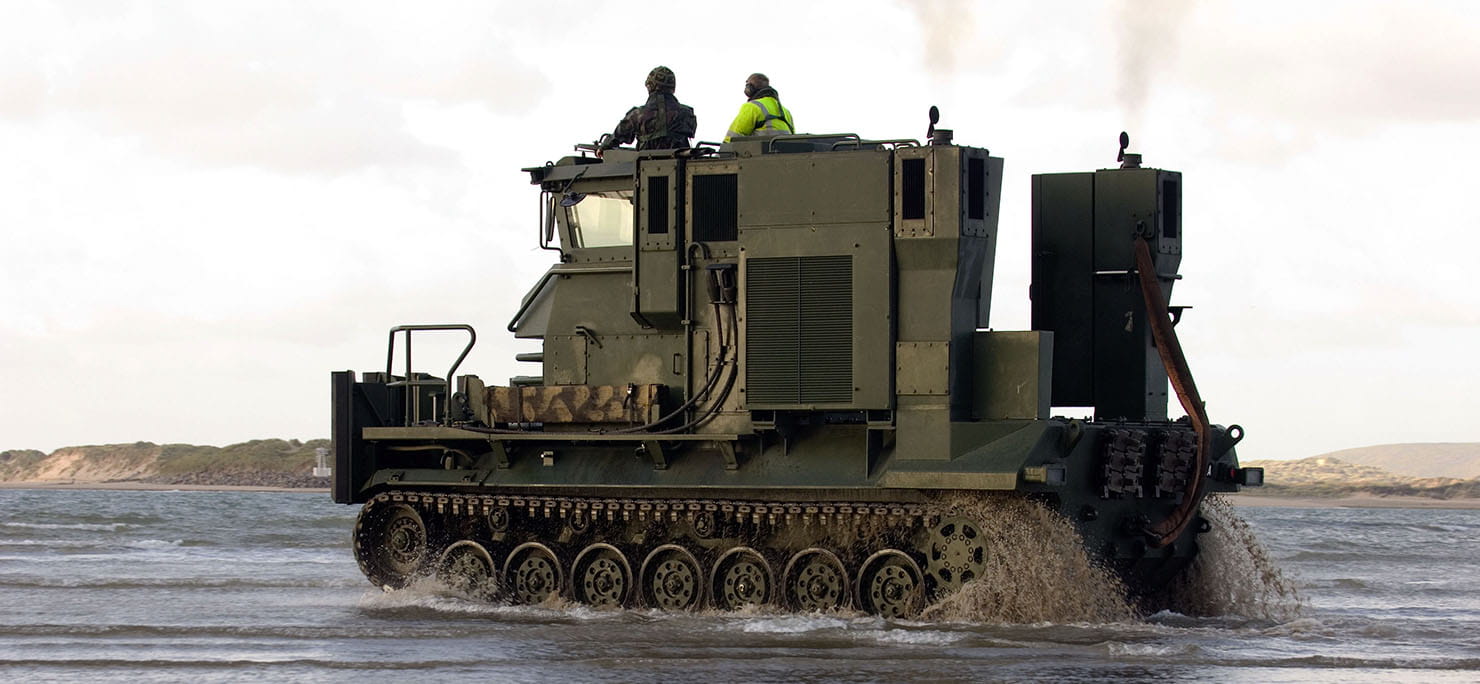 A Beach Recovery Vehicle (BRV) in action as Royal Marines undergo amphibious training