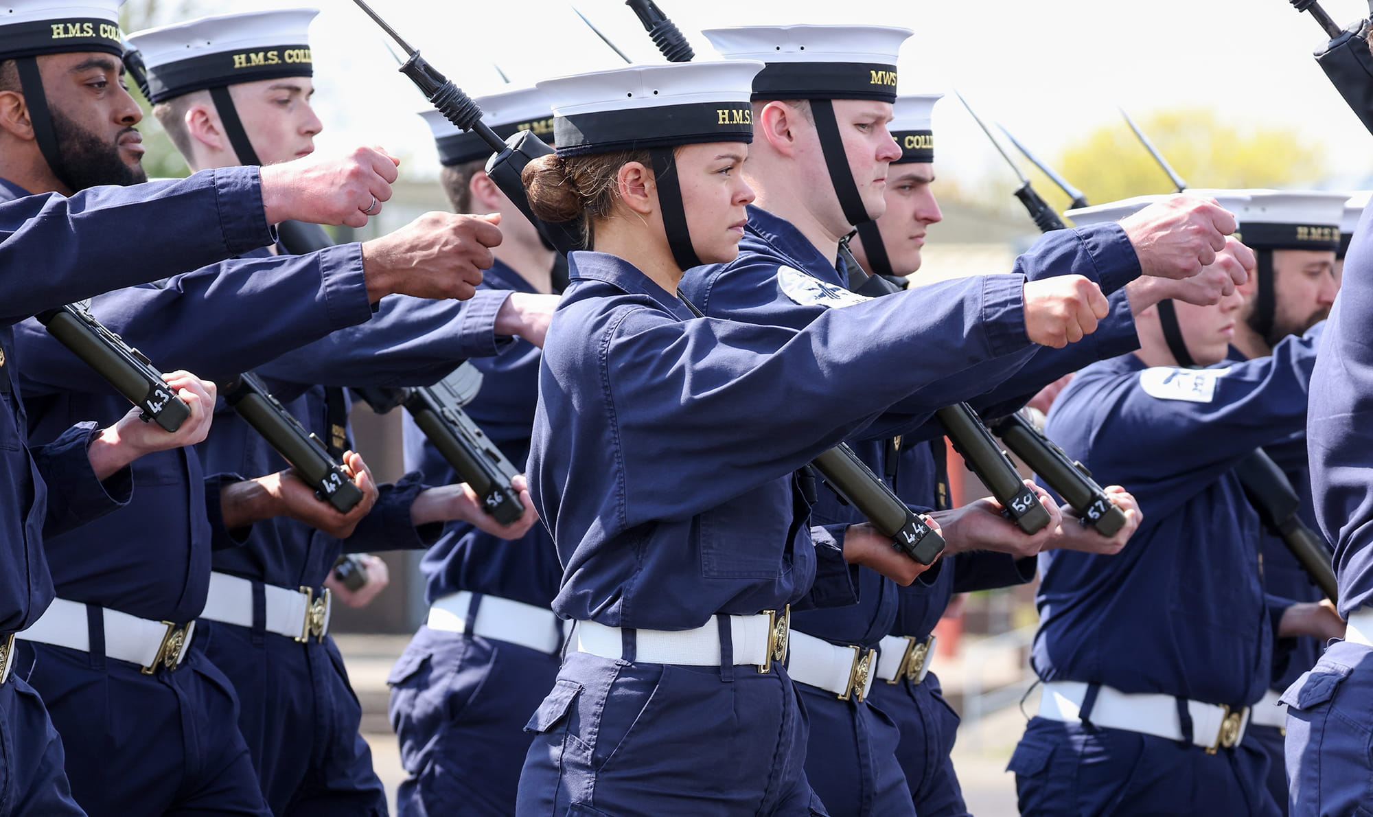 Royal Navy sailors march on a parade dress rehearsal 