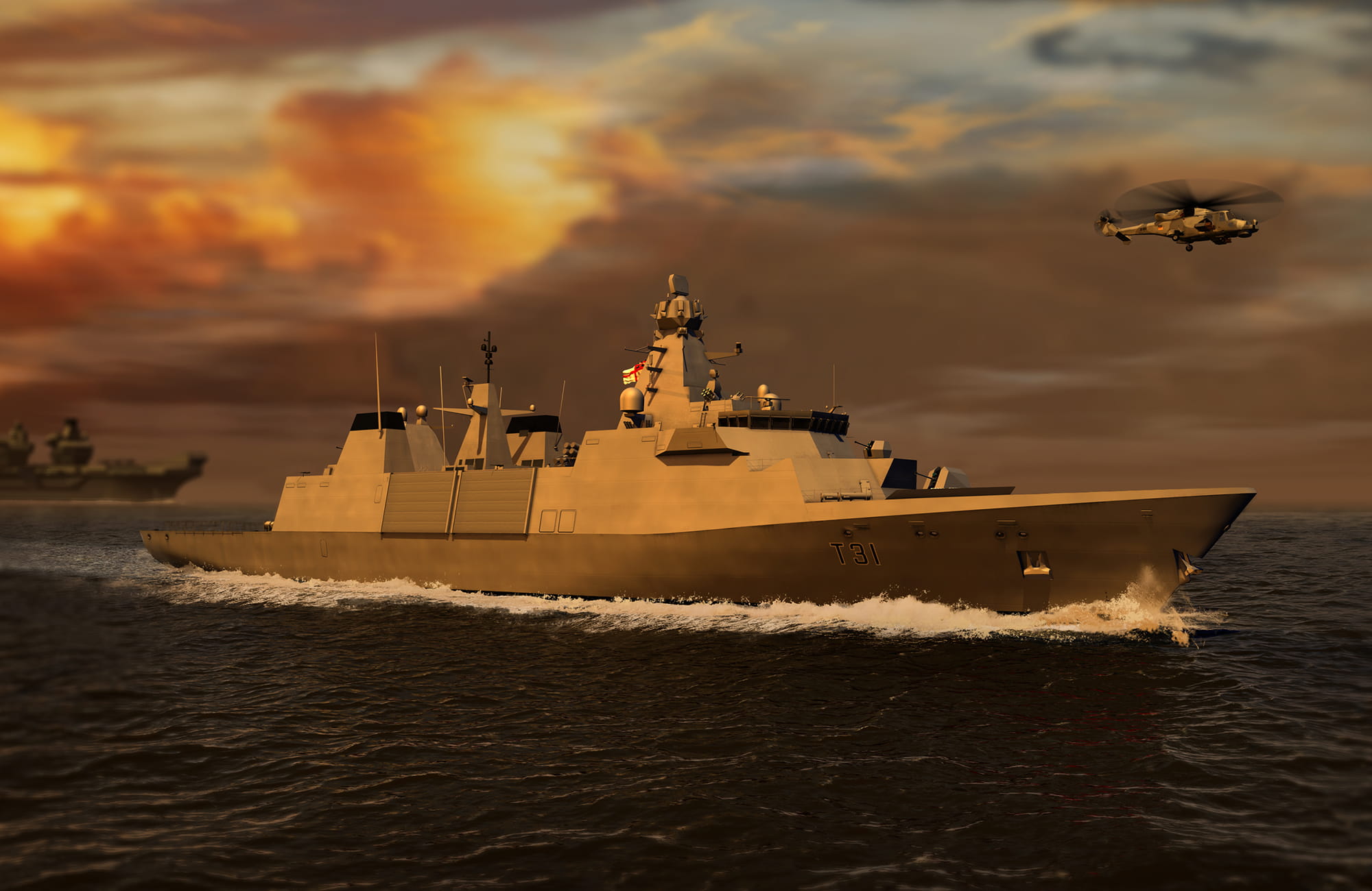 Artist's impression of Type 31 frigate with helicopter flying overhead