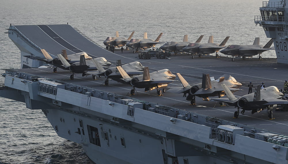 F35 Lightning jets line up on the deck of an aircraft carrier